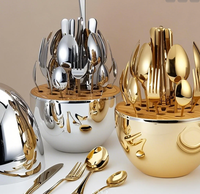 Gold and silver egg-shaped storage 24-piece stainless steel cutlery set Creative 304 knife, fork and spoon gift box Light lux...