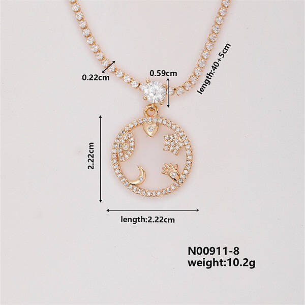 Fashion Brass Rhinestones Flat Round Pendant Necklace for Women