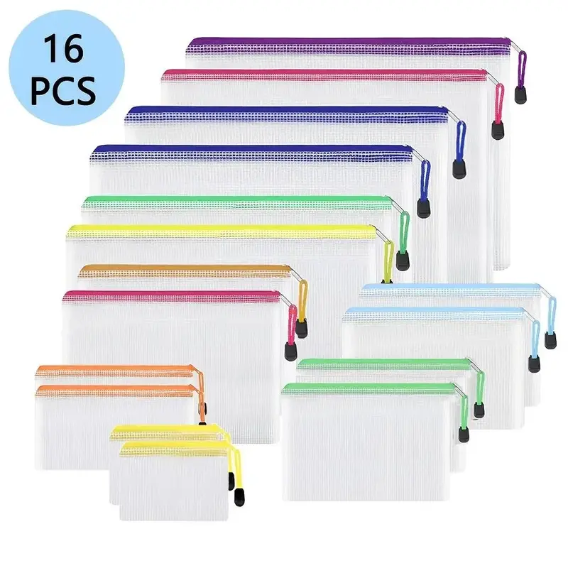 Transparent Mesh Zipper File Bag, 16pcs/set Waterproof Mesh Zipper File Bag, Multi-size File Bag, Pouch Organizer, Office Sup...