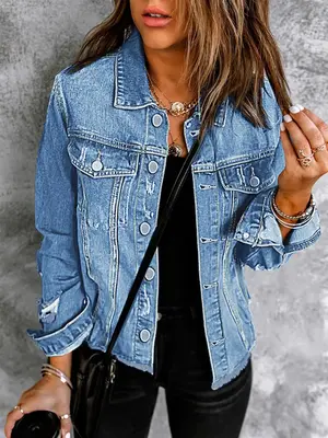 ćplus Sizeć Solid Ripped Button Front Denim Jacket, Casual Long Sleeve Pocket Outerwear for Summer, Women's Clothes for D...