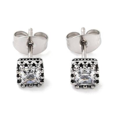 Square 316 Surgical Stainless Steel Pave Cubic Zirconia Stud Earrings for Women Men