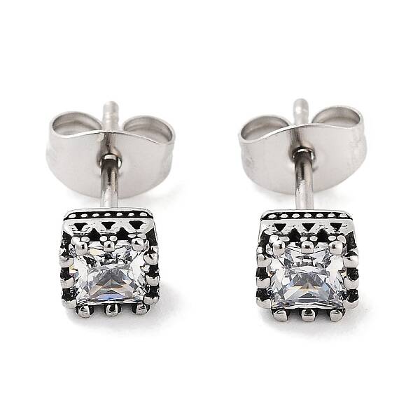 Square 316 Surgical Stainless Steel Pave Cubic Zirconia Stud Earrings for Women Men