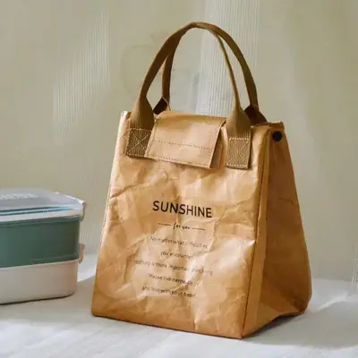 Waterproof & Oil Proof Paper Bento Bag with Handle, 1 Count Portable Large Capacity Preserving Containers, Insulated Food Sto...