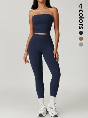 Women's Solid Crop Tube Top & High Waist Leggings Sportswear Set, Sleeveless Strapless Crop Top & Butt Lifting Skinny Pants S...