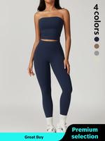 Women's Solid Crop Tube Top & Leggings Sportswear Set, Strapless Scrunch Gym Set, Workout Gym Exercise Clothing Set for Women...