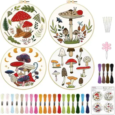DIY Mushroom Pattern Embroidery Kit with Random Color Tools (1 Set), Mushroom Embroidery Starter Kit, DIY Embroidery Supplies...