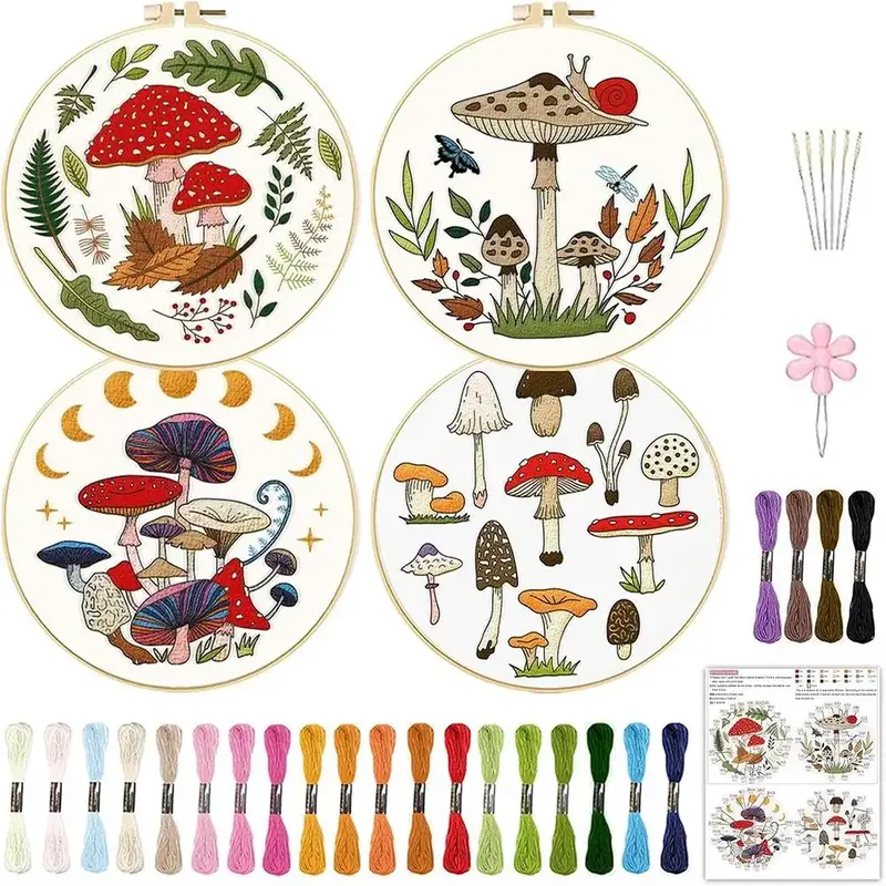 DIY Mushroom Pattern Embroidery Kit with Random Color Tools (1 Set), Mushroom Embroidery Starter Kit, DIY Embroidery Supplies...