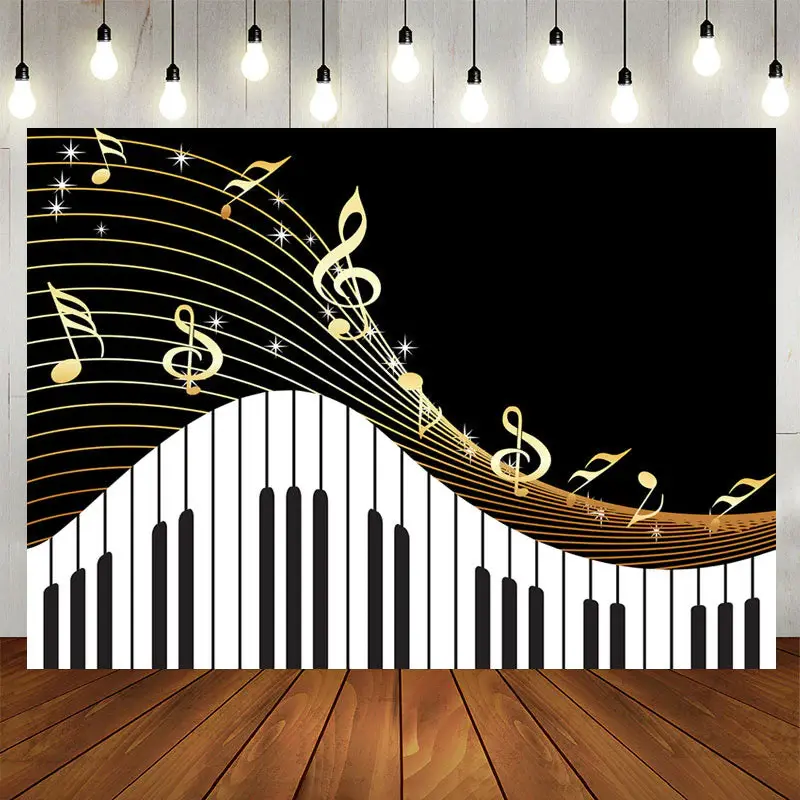 Aperturee Golden Musical Notes Piano Keyboard Theme Backdrop