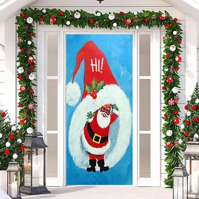 Hi Christmas Big Hat Santa Claus Blue Door Cover - Aperturee