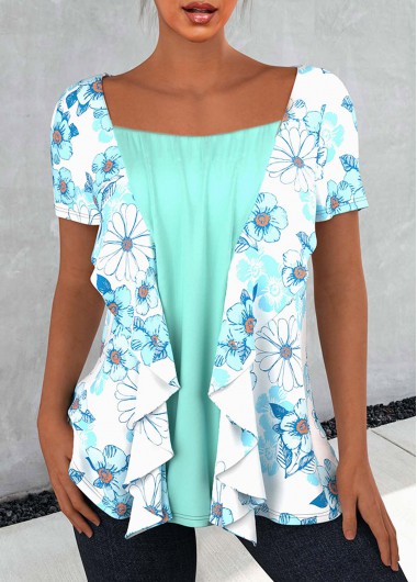 Modlily Floral Print Flounce Mint Green T Shirt - L