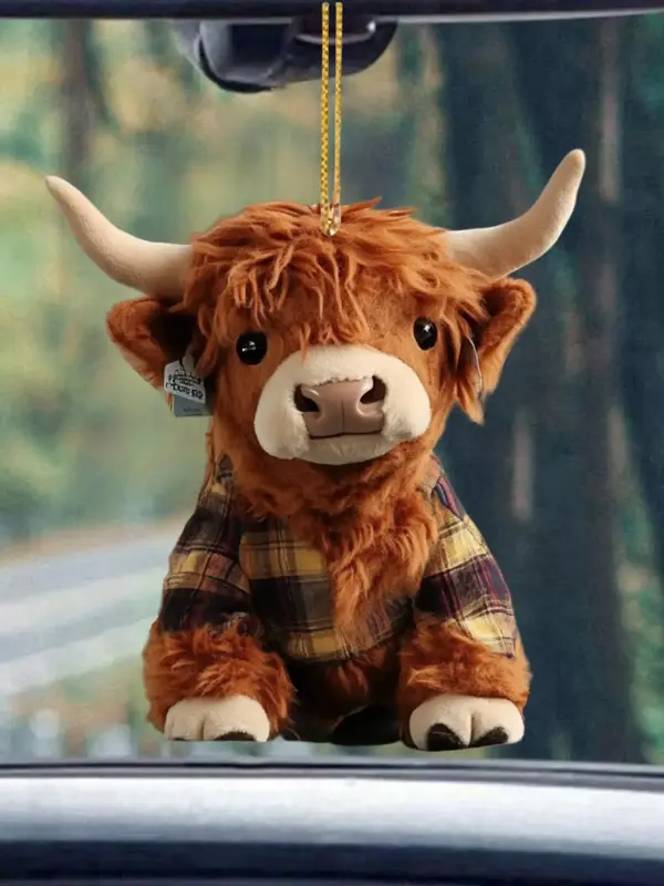 Creative Highland Cow Design Charms, Cute Cartoon Animal Design Contrast Faux Fur Hanging Ornaments for Car Decoration, Bag C...