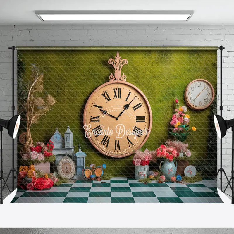 Vintage Clock Floral Grass Spring Photo Backdrop - Aperturee