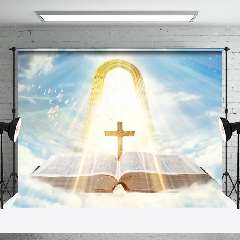 Blue Sky Glitter Light Cross Book Angel Backdrop - Aperturee