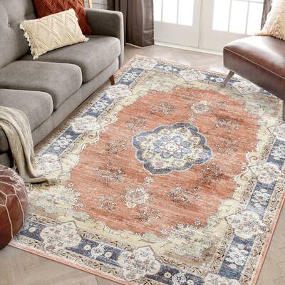 Garvee Washable Rugs 9x12 Area Rug for Bedroom Vintage Living Room Rugs Orange Rug Floral Large Area Rug Non Slip Throw Rugs ...