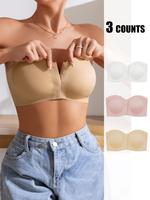 Women's Solid / Leopard Print Strapless Bra, Wireless Push Up Bra, Comfortable Breathable Scallop Trim Hook & Eye Front Brale...