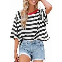 UEU Womens Summer Striped Tops Crewneck Crop T Shirts Color Block Short Sleeve Casual Loose Basic Tee Shirt 2025 Trendy Comfo...