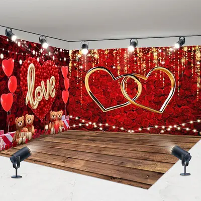 Aperturee Romantic Rose Bear Valentines Day Room Set Backdrop, 7X7FT(Left Wall)+10X7FT(Right Wall)+10X7FT(Floor), 247.5 USD, ...