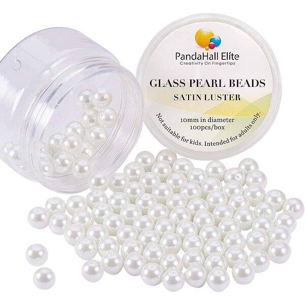 About 100 Pcs 10mm Tiny Satin Luster Glass Pearl Bead Round Loose Spacer Beads for Jewelry Making White