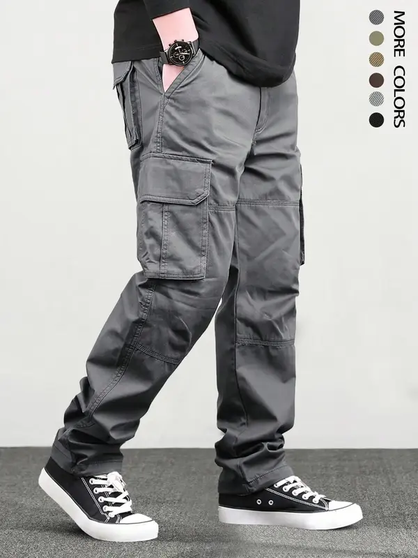 Men's Solid Flap Pocket Drawstring Waist Cargo Pants, Loose Casual Street Straight Leg Trousers for Hiking Fishing Outdoor, M...