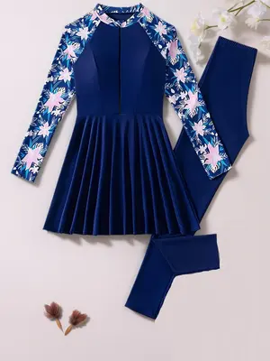 Women's Floral Print Zipper Islamic Swimsuit Set, Casual Long Sleeve Swim Top & Swim Pants, Ladies Swimwear for All Seasons
