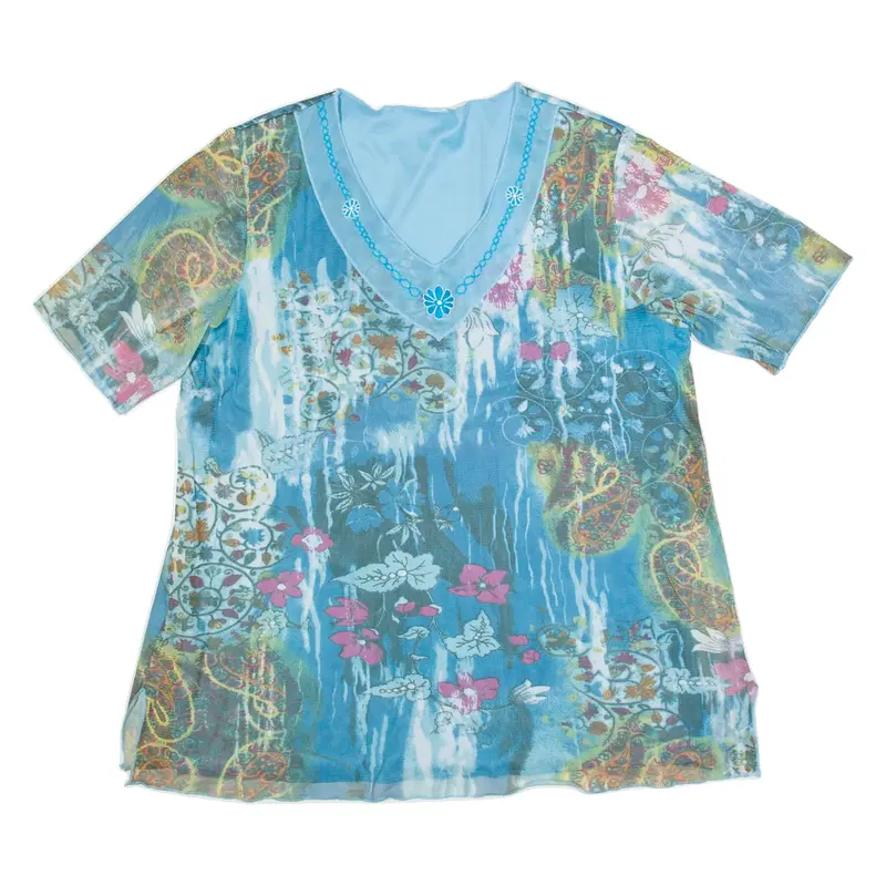Mesh Womens Printed Top Blue V-Neck L