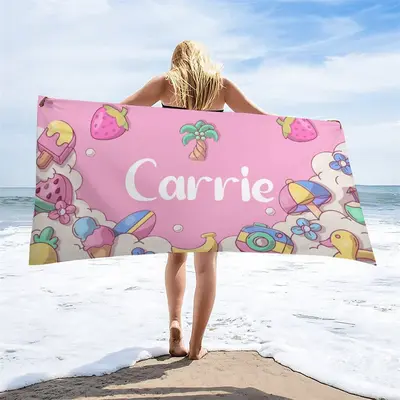 Pink Summer Theme Custom Name Beach Towel - Aperturee