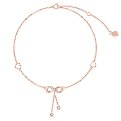 14K Rose Gold Moissanite Bow Heart Single Layer Charm Anklet