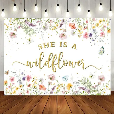 Aperturee She Is A Wildflower Floral White Baby Shower Backdrop