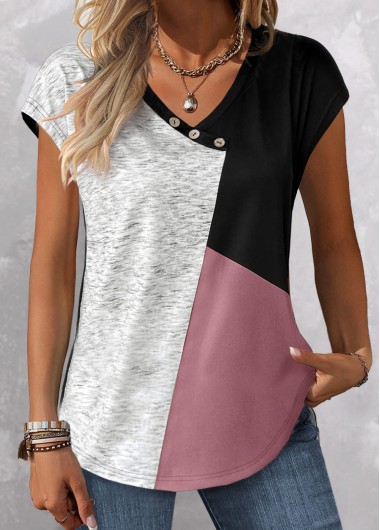 Modlily Pink Patchwork Short Sleeve V Neck T Shirt - M