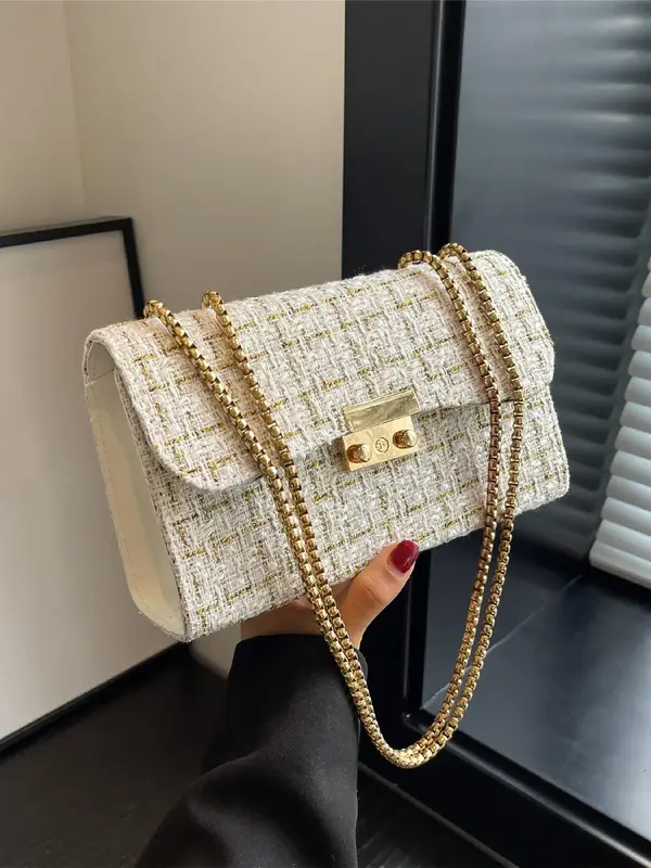 1 Piece Fashionable Tweed Design Flap Square Shoulder Bag with Chain Design Strap, Trendy Elegant Square Flap Shoulder Bag Fo...