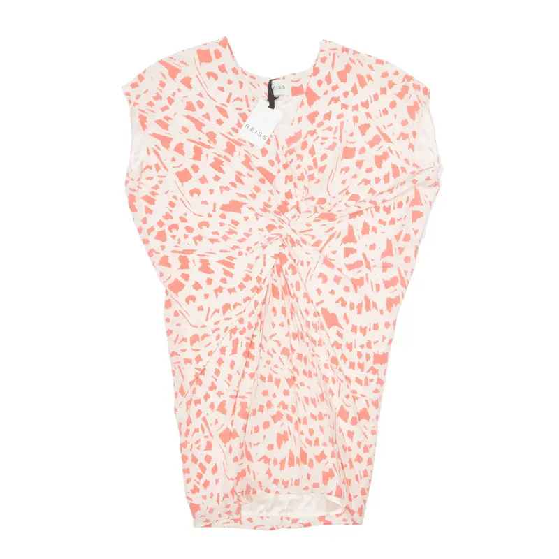 REISS Pear V-Line Ruched Oversized Shift Dress Cream Animal Print Silk Sleeveless Knee Length Womens UK 10