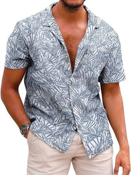Hawaiian Floral Beach Shirts (US Only), Grey- Palm Leaf / XXL