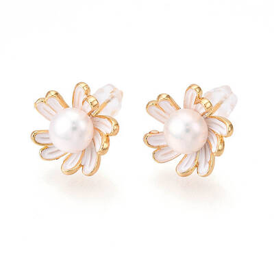 Flower Brass Natural Pearl Stud Earrings