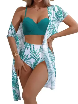 Women's Leaf Print Swimsuit Set, Boho Spaghetti Strap Push Up Swim Bikini Tops & Cover Up & High Waist Panty, Bikini Sets, Bo...