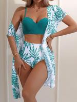 Three-Piece Set Women's Leaf Print Swimsuit Set, Boho Spaghetti Strap Push Up Swim Top & Batwing Sleeve Open Front Cover Up ...