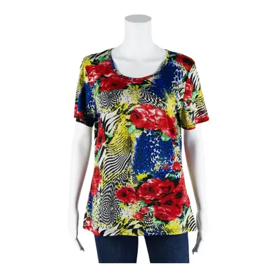 PATTY MOON Stretch Crazy Pattern Top Red Floral Short Sleeve Womens M
