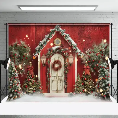 Red White Retro Wooden Door Trees Christmas Backdrop