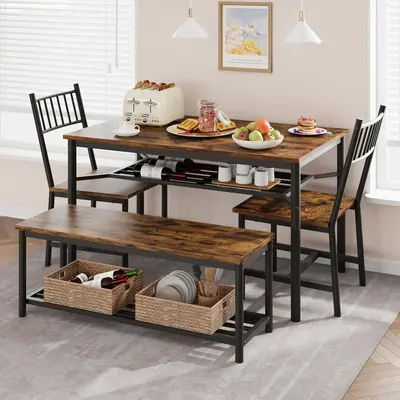 Garvee Dining Table Set for 4, Kitchen Table and Chairs for 4 with Wine Rack, Rectangular Dining Room Table Set with Bench, 4...