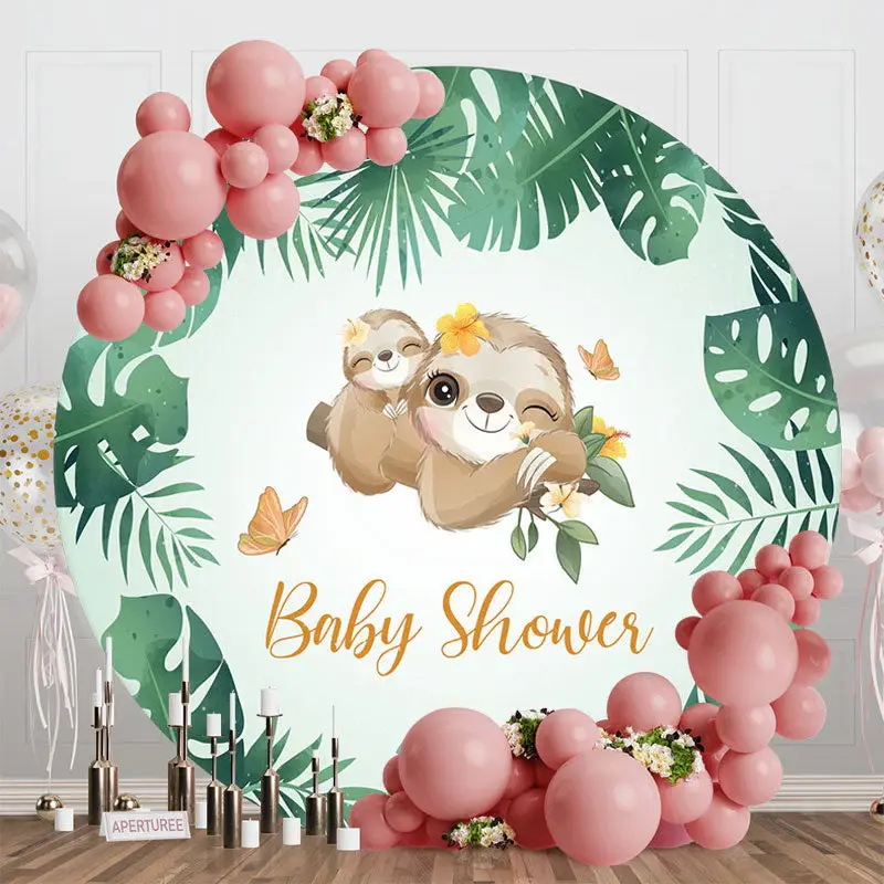 Round Green Monstera Koala Backdrop For Baby Shower - Aperturee