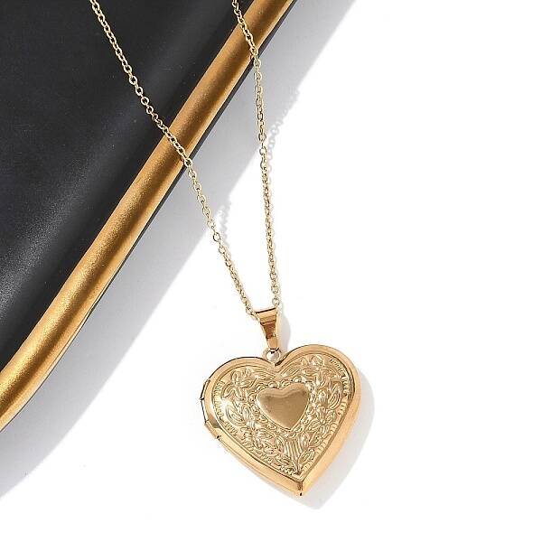 304 Stainless Steel Heart Locket Pendant Cable Chain Necklaces for Women