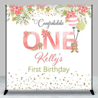 Pink Floral Bear Custom Name 1st Birthday Backdrop