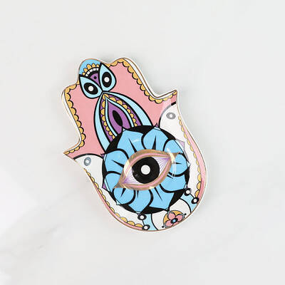 Hamsa Hand/Hand of Miriam with Evil Eye Ceramic Jewelry Plate