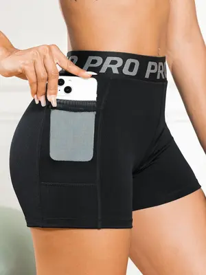 Women's Letter Tape Pocket High Waist Sports Gym Shorts, Comfy Breathable Stretchy Skinny Shorts for Yoga Workout Running, L...