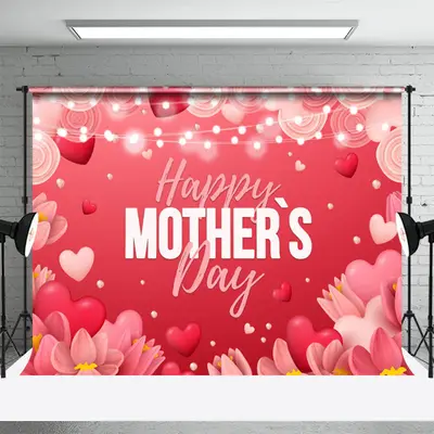 Red Heart Light Happy Mothers Day Party Backdrop - Aperturee