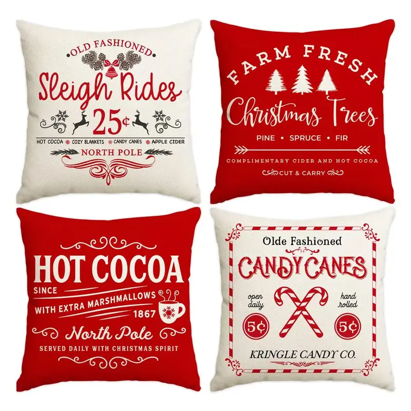 Christmas Themed Cushion Cover, 4 Counts/set Square Throw Pillow Cover, Household Decoration Supplies for Home Living Room Be...