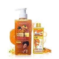 The turmeric and vitamin C body wash, combined with body oil, deeply cleanses, locks in moisture, combats dullness, and nouri...