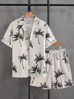 Men's Tropical Plants Print Button Front Shirt & Shorts Pyjama Set, Regular Fit Casual Comfy Short Sleeve Top & Shorts Pajama...