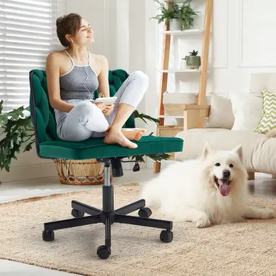 EROMMY Height Adjustable Criss Cross Chair with Removable Wheels,Cross-legged Armless Swivel Home Office Chair,Oversized Vani...