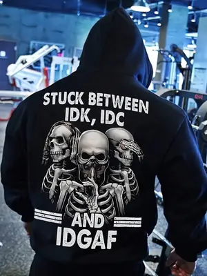 【Plus Size】 Skull & Letter Print Drop Shoulder Hoodie, Fashion Casual Regular Fit Drawstring Pocket Hooded Sweatshirt for...