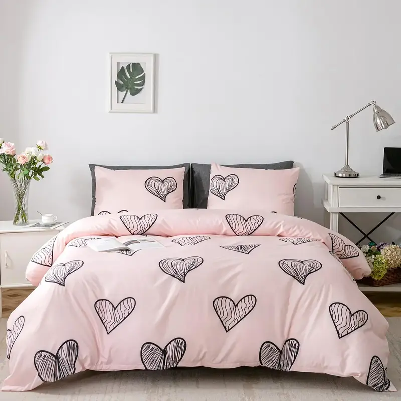 Heart Print Duvet Cover & Pillowcase Without Filler, Soft Comfortable Bedding Set, Duvet Cover Set For Home Bedroom, Hallowee...